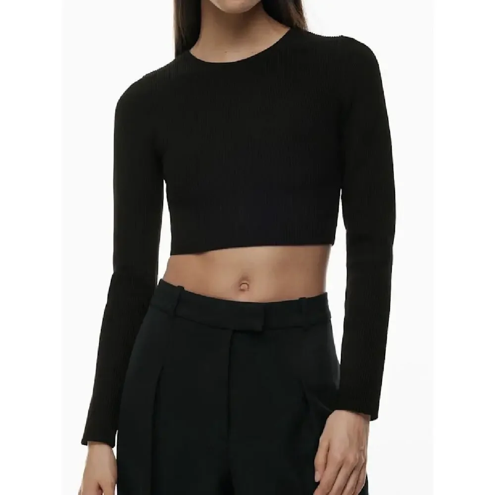 Aritzia Babaton Sculpt Knit Crew Cropped Top Ribbed Long Slv Black Sz XXS